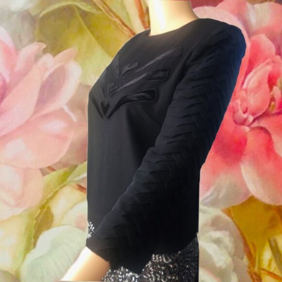 LOVE PARIS PARIS Retro Black Blouse Layered Folded Weave Motif Sleeves Sz S - Picture 3 of 8